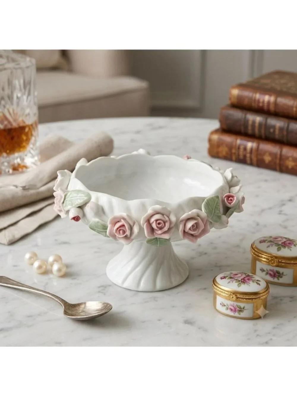 Vintage Encrusted Porcelain Rose Pedestal Bowl Capodimonte Style Candy Dish - Picture 1 of 11